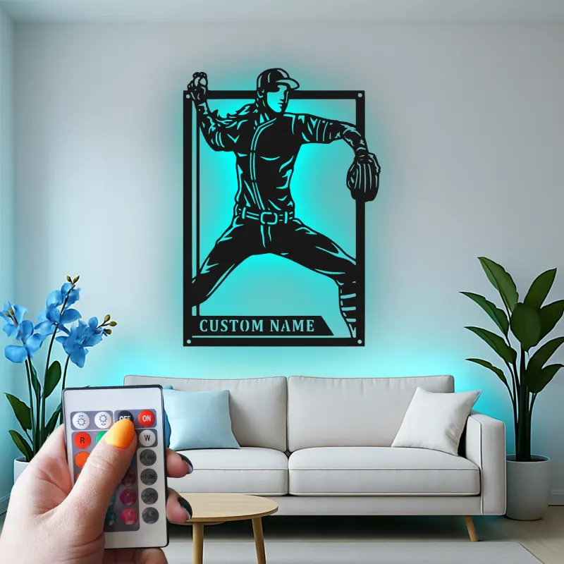 Insegna in metallo LED personalizzata con lanciatore di baseball - Regalo per appassionati di sport e decorazione per sala giochi