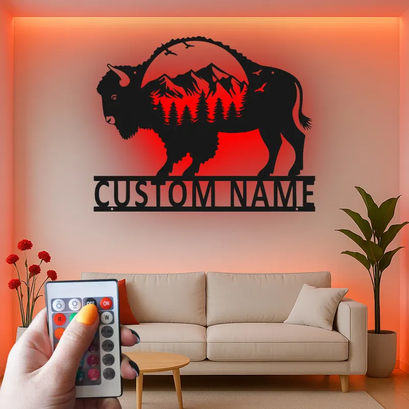 Cartel de metal personalizado con escena de montaña y bisonte iluminado LED, regalo para amantes de la naturaleza, decoración rústica para salas de estar