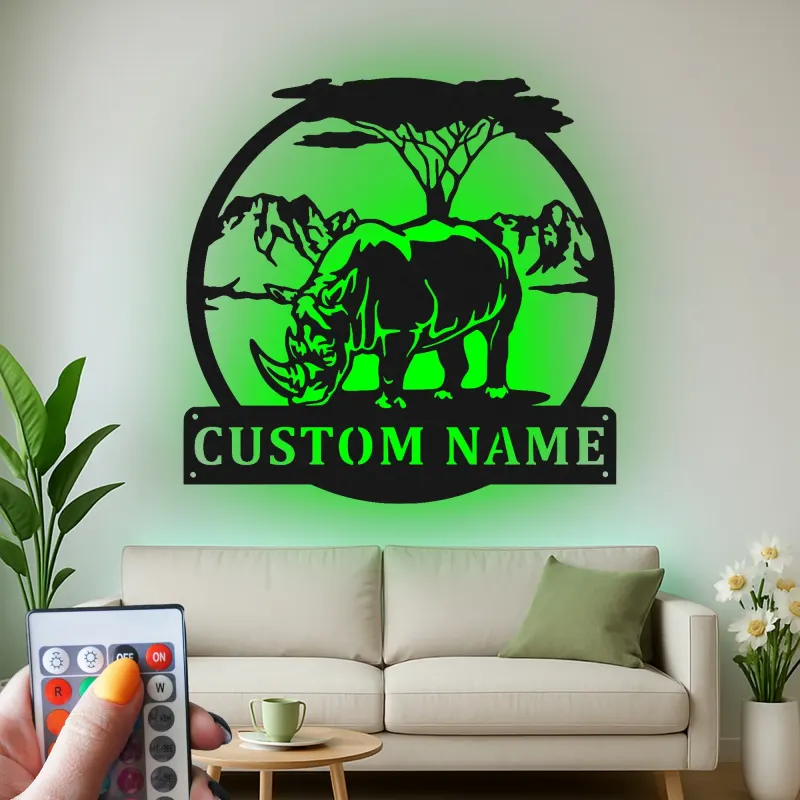 Décoration murale en métal personnalisée Safari Rhinocéros avec rétroéclairage LED Cadeau animalier Décor unique pour les amoureux de la nature
