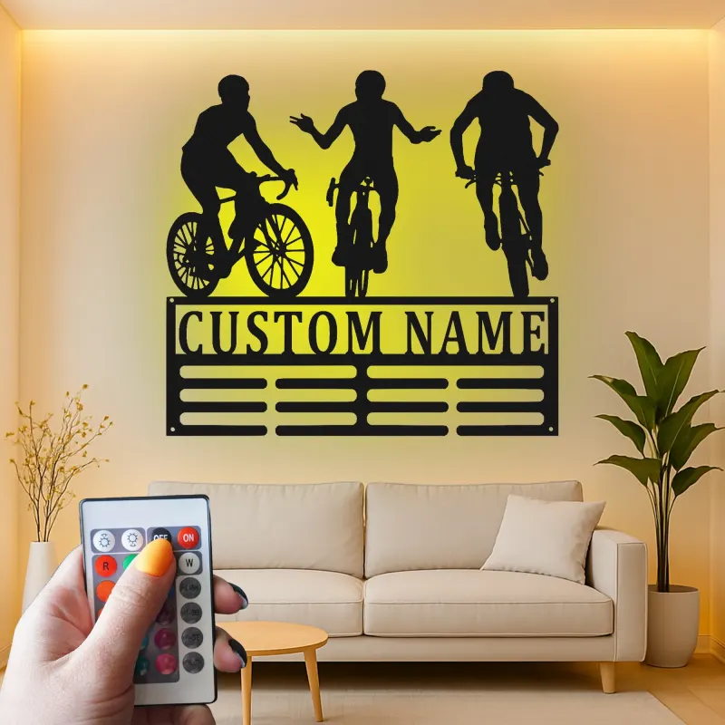 Insegna in metallo personalizzata con luce LED Trio Ciclisti Regalo per appassionati di bici Decorazione per garage o man cave
