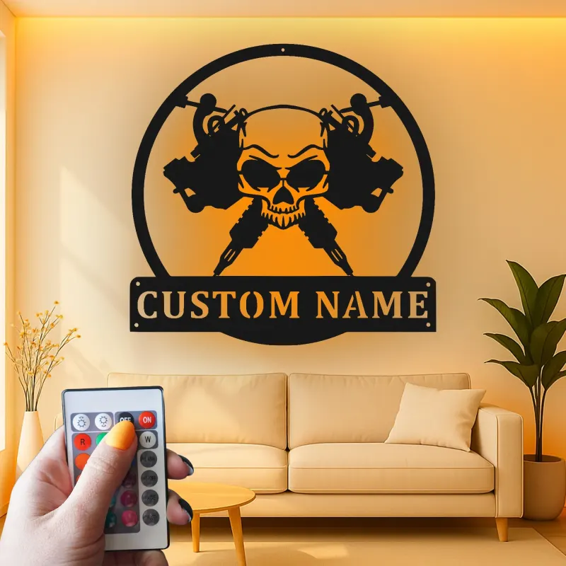 Tattoo Shop LED Sign | Personalized Skull Metal Art for Studios | Custom Tattoo Artist Name Wall Decor