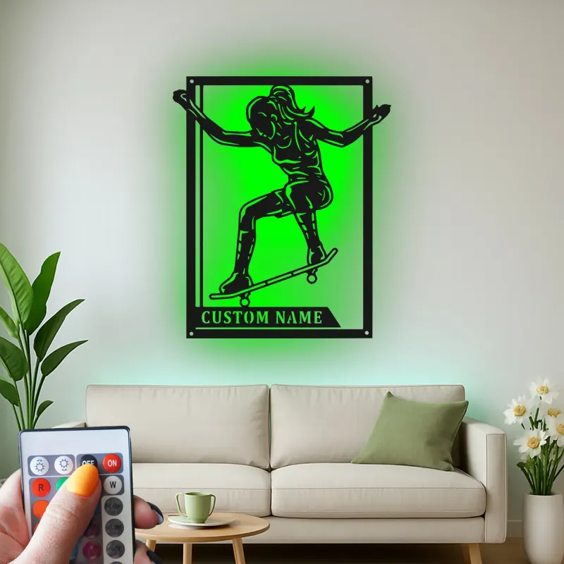 Panneau personnalisé de skateur féminin | Art mural en métal LED pour chambre d'adolescent | Décor de nom de skateur personnalisé | Cadeau pour sports d'action