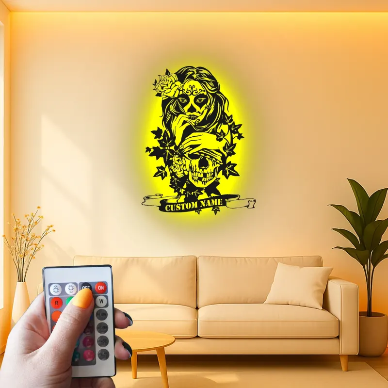 Sugar Skull LED Metal Sign | Personalized Gothic Wall Art | Custom Name Decor for Tattoo Studio & Salon