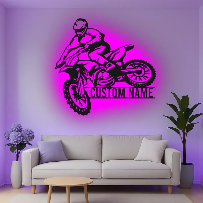 Personalisierte Metall-Wandkunst mit LED-Beleuchtung für Motocross-Fahrer – Geschenk für Dirtbike-Enthusiasten, Garage oder Spielzimmer Dekor