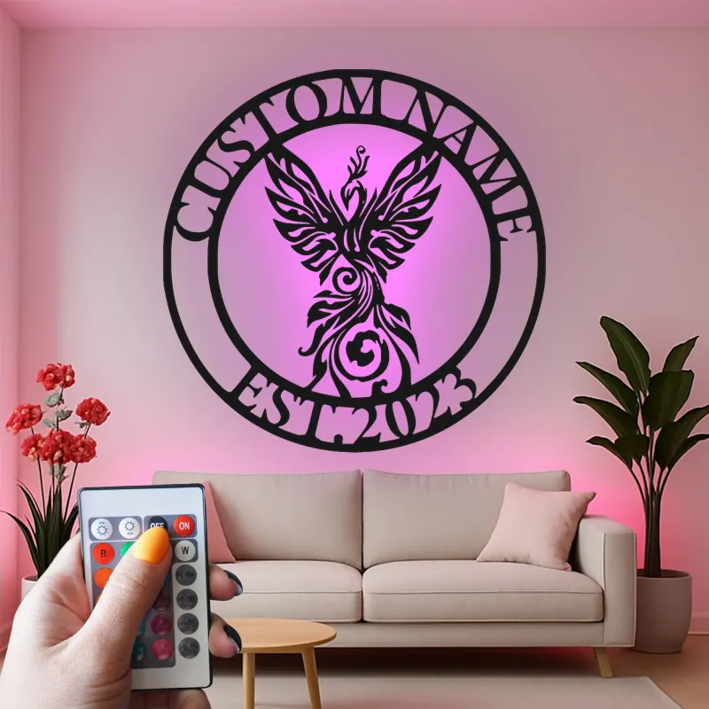 Phoenix LED Metal Wall Art | Custom Name Sign, Art Deco Inspired | Personalized Office & Home Decor Gift
