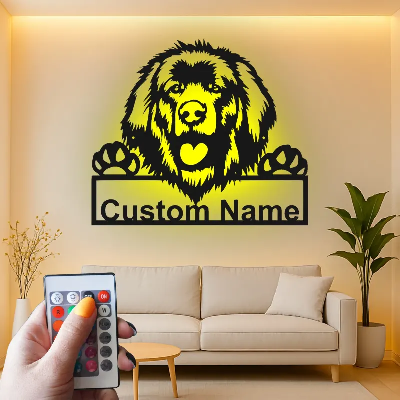 Cartel de metal personalizado con luz LED de perro de Terranova, regalo para padres de mascotas, decoración de salón o entrada 1