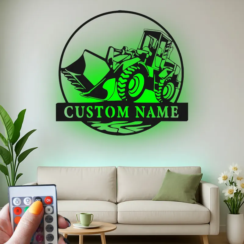 Décoration murale en métal personnalisée avec rétroéclairage Bulldozer - Cadeau pour passionnés de construction - Décor de garage ou atelier