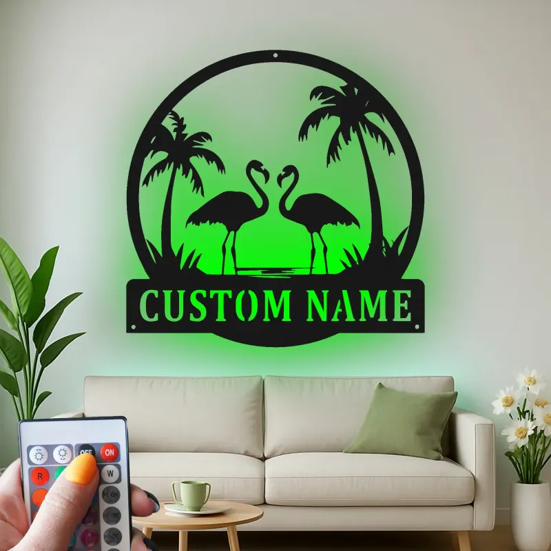 Arte mural de metal LED de flamenco | Cartel tropical personalizado | Decoración de casa de playa | Placa de nombre personalizada para hogares costeros