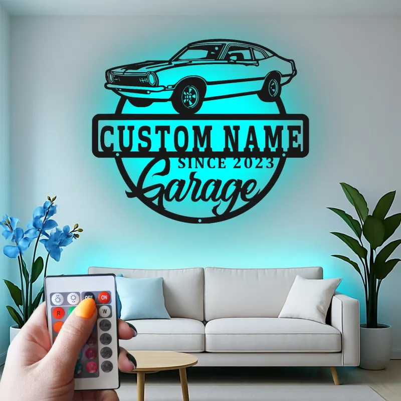 Décoration murale en métal personnalisée avec rétroéclairage LED de voiture classique - Cadeau de garage pour lui