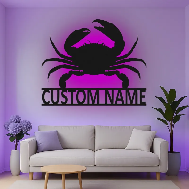 Cartel de metal personalizado de cangrejo con luz LED, regalo costero, decoración de casa de playa para amantes del océano