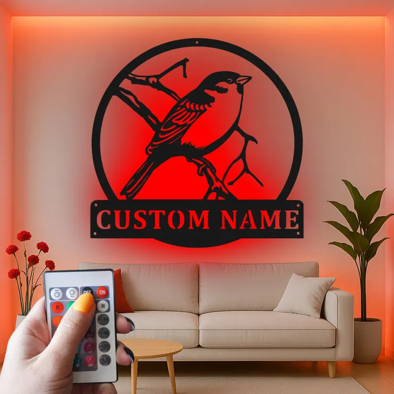 Custom Bird on Branch Led Light Metal Wall Art Personalized Gift for Nature Lovers Living Room or Garden Decor