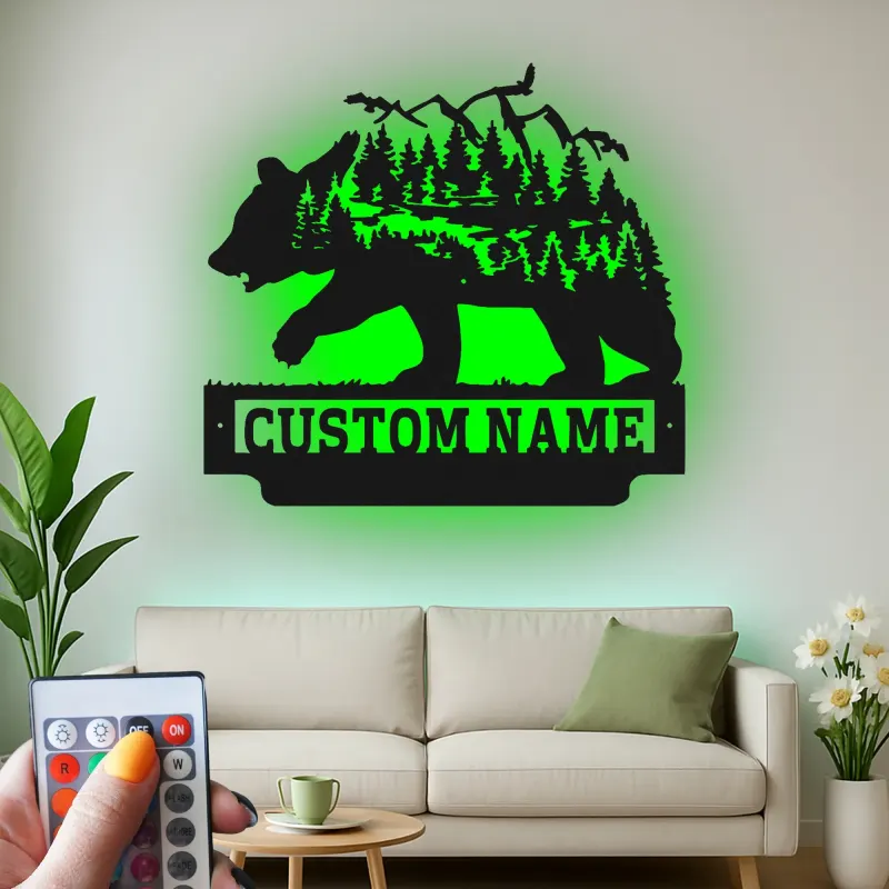 Décoration murale en métal personnalisée avec éclairage LED Forêt d'Ours Cadeau pour Amateurs de Nature Décor de Cabane 1