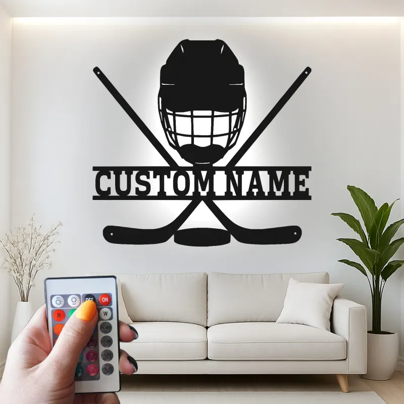 Enseigne personnalisée de hockey | Décoration murale LED en métal pour salle de jeux | Cadeau personnalisé pour joueur de hockey, garçons et fans