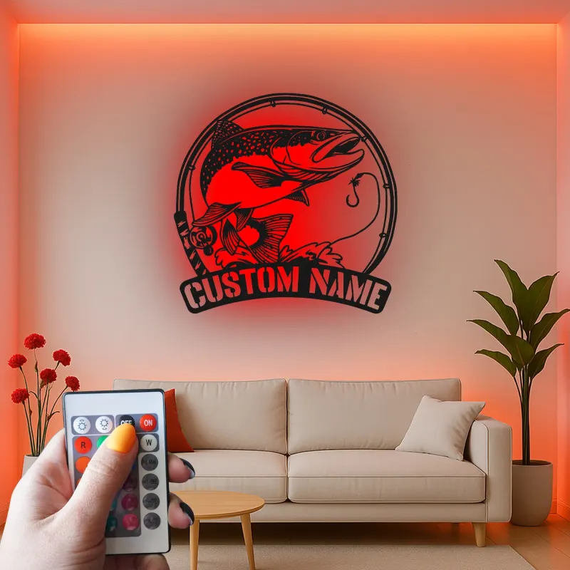 Panneau de pêche personnalisé avec LED | Décoration murale en métal sur mesure | Déco de maison de lac et salle de loisirs | Cadeau pour pêcheur