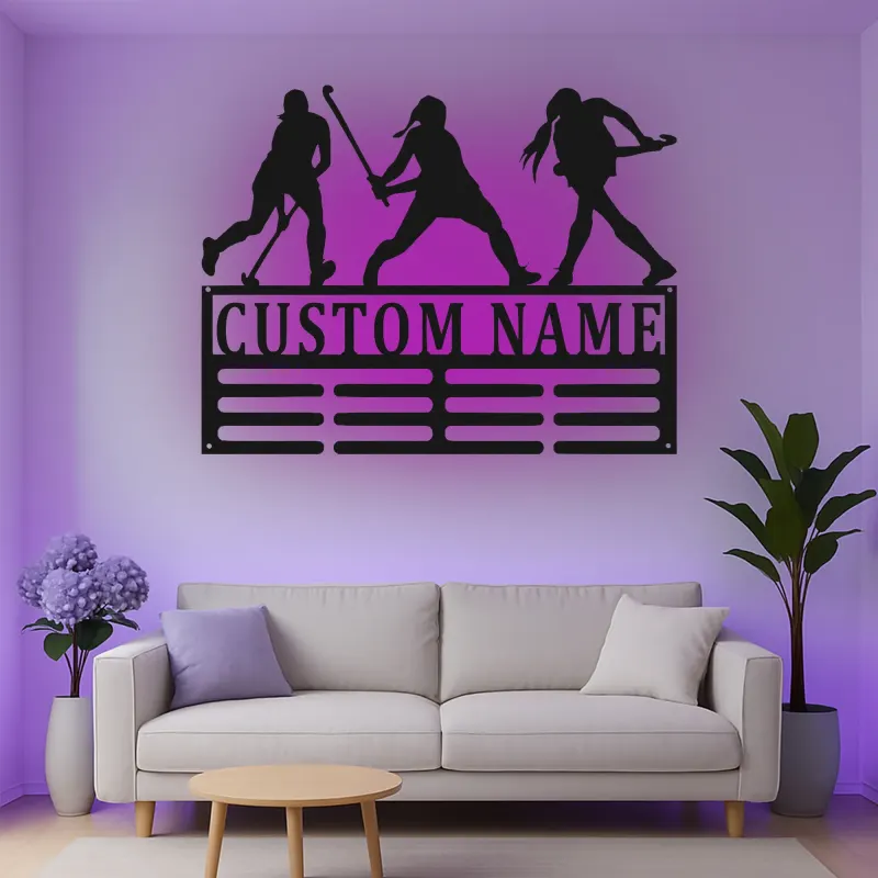 Cartel de metal personalizado de jugador de hockey sobre césped LED regalo personalizado para atleta decoración de sala de deportes
