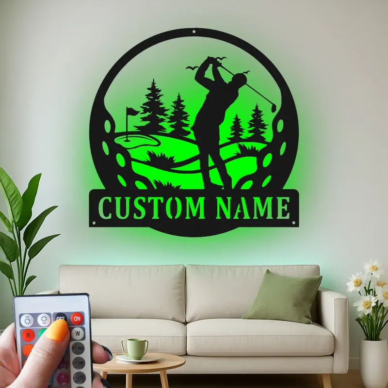 Decoración mural de metal LED de golf personalizada | Cartel con nombre de golfista para cueva masculina | Regalo decorativo retroiluminado para él