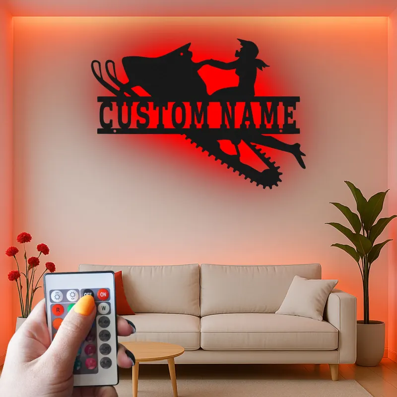 Insegna LED personalizzata per donna in motoslitta | Decorazione murale in metallo su misura | Regalo invernale per lei | Silhouette rider