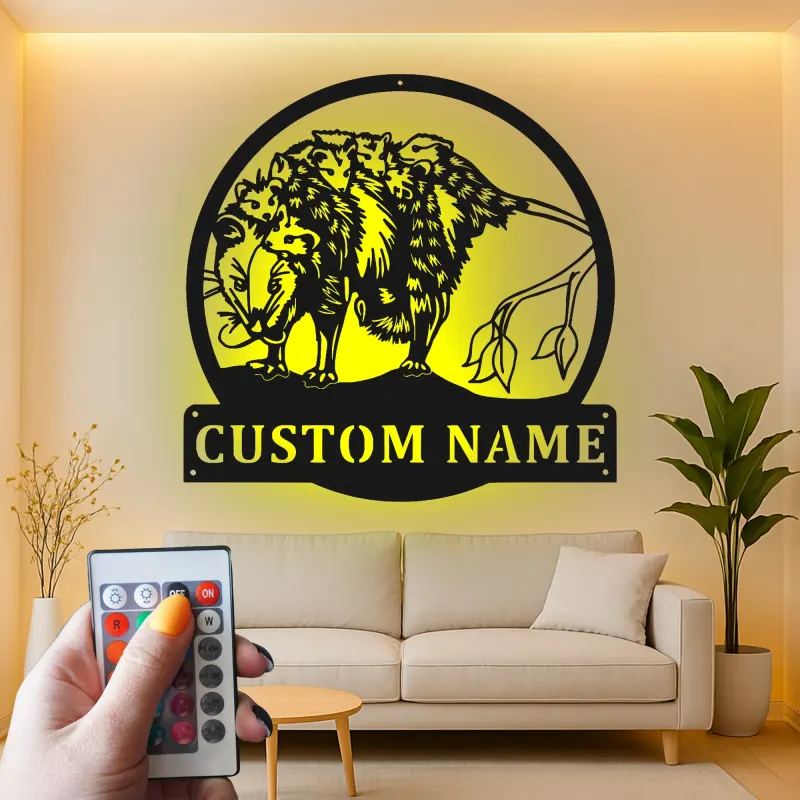 Opossum LED Metallschild | Personalisierte Wildtier-Dekoration aus Virginia | Geschenk für Naturfreunde | Rustikales Cabin-Dekor