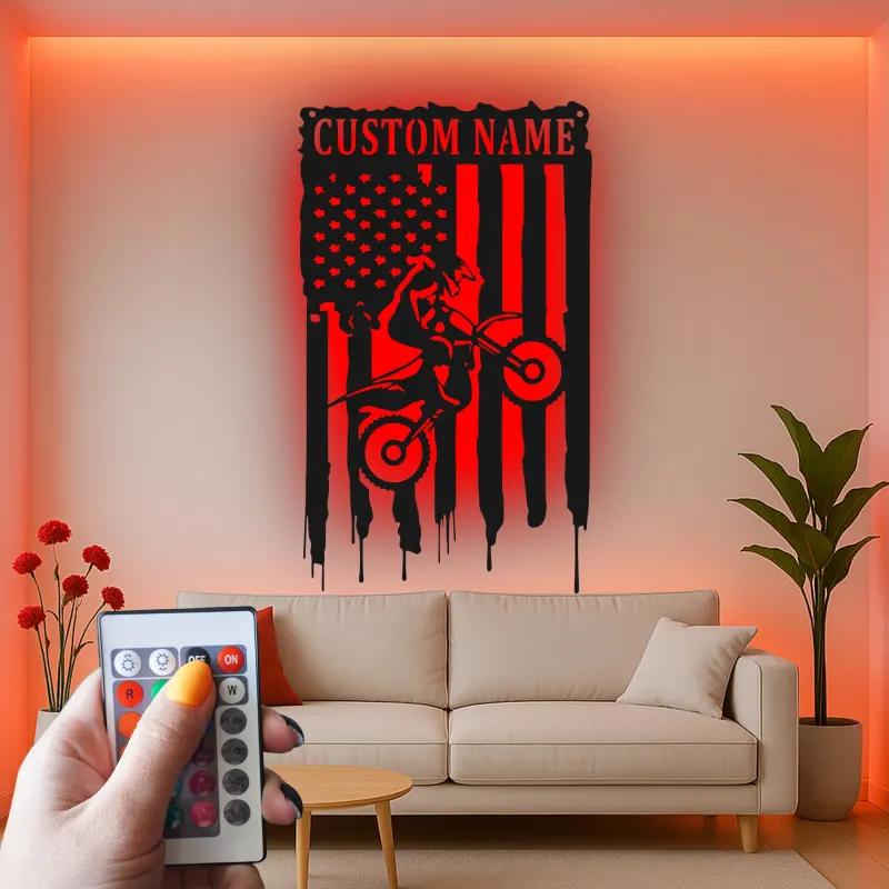 Personalized Motocross LED Sign | Custom Dirt Bike Metal Wall Art | American Flag Rider Gift for Man Cave & Garage Decor