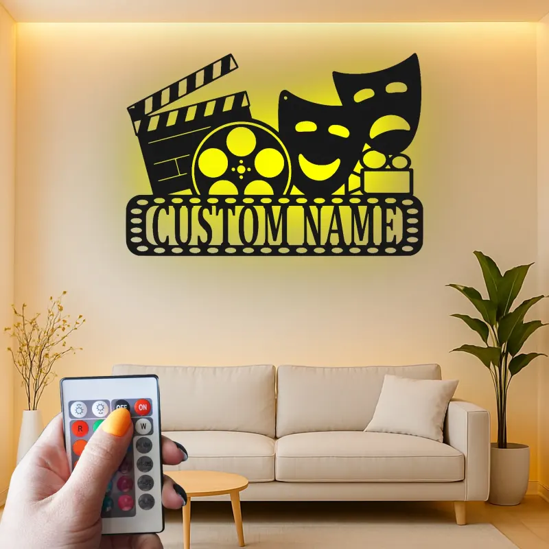 Personalized Theater Sign with LED | Custom Movie Room Decor | Metal Film Reel & Masks Wall Art for Cinema Lover Gift
