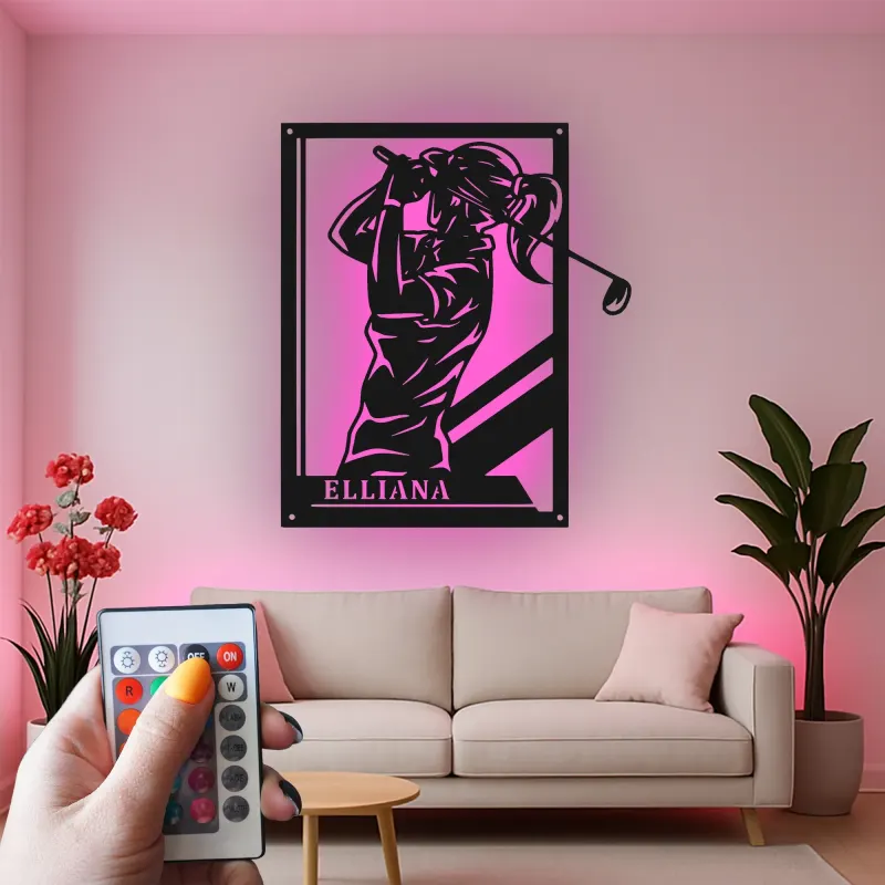 Insegna in metallo personalizzata per golfista femminile con luce LED