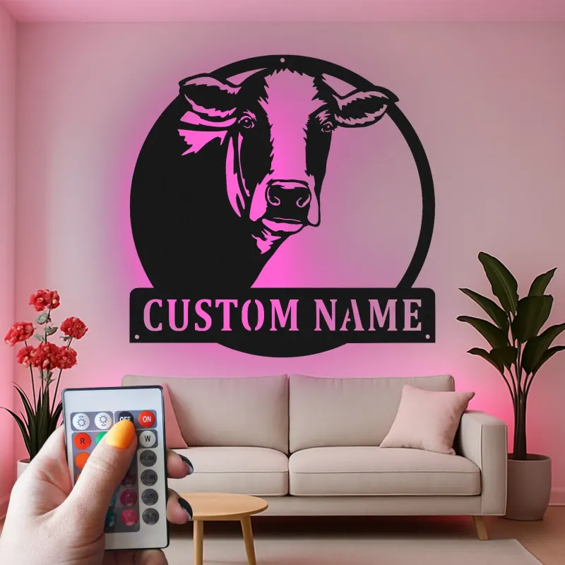 Personalisierte Kuh LED-beleuchtete Metall-Wandkunst – Geschenk im Landhausstil, rustikale Deko für Küche oder Scheune