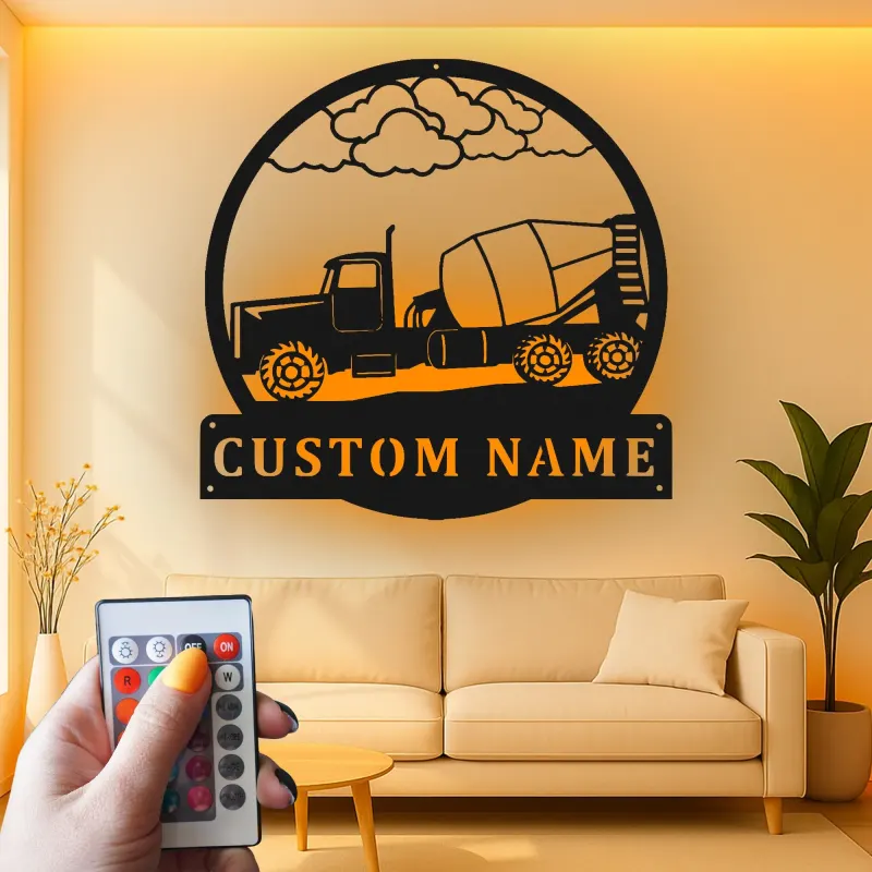 Décoration murale en métal personnalisée avec éclairage LED de camion de bétonnière - Cadeau de construction pour lui, décoration de garage ou d'atelier