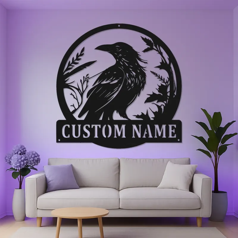 LED Raven Metal Wall Art | Personalized Bird Lover Gift | Custom Name Sign for Garden | Outdoor Nature Decor