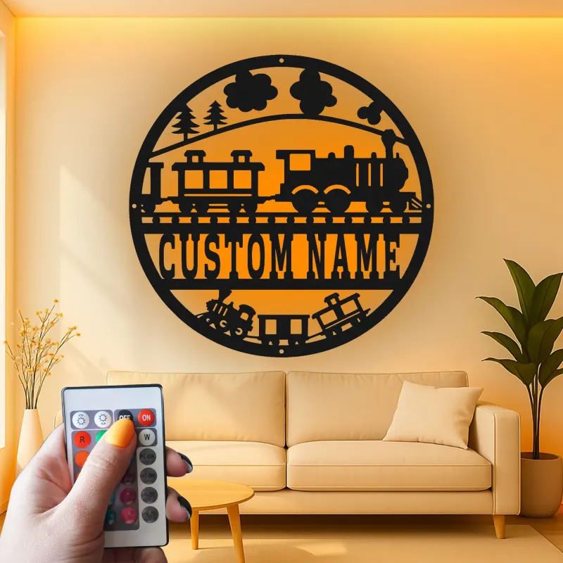 Décoration murale en métal personnalisée avec train en rétroéclairage - Cadeau pour enfants - Décor de chambre de bébé
