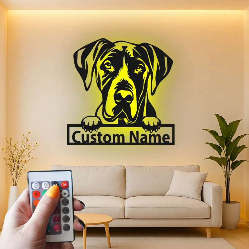 Insegna in metallo LED personalizzata per amanti dei cani con Alano - Regalo per la sala da pranzo