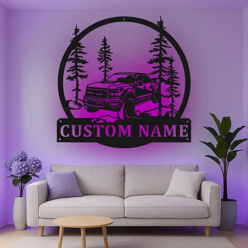 Décoration murale en métal personnalisée avec camion tout-terrain et rétroéclairage LED - Cadeau personnalisé pour passionnés de camions, décor de garage ou de man cave