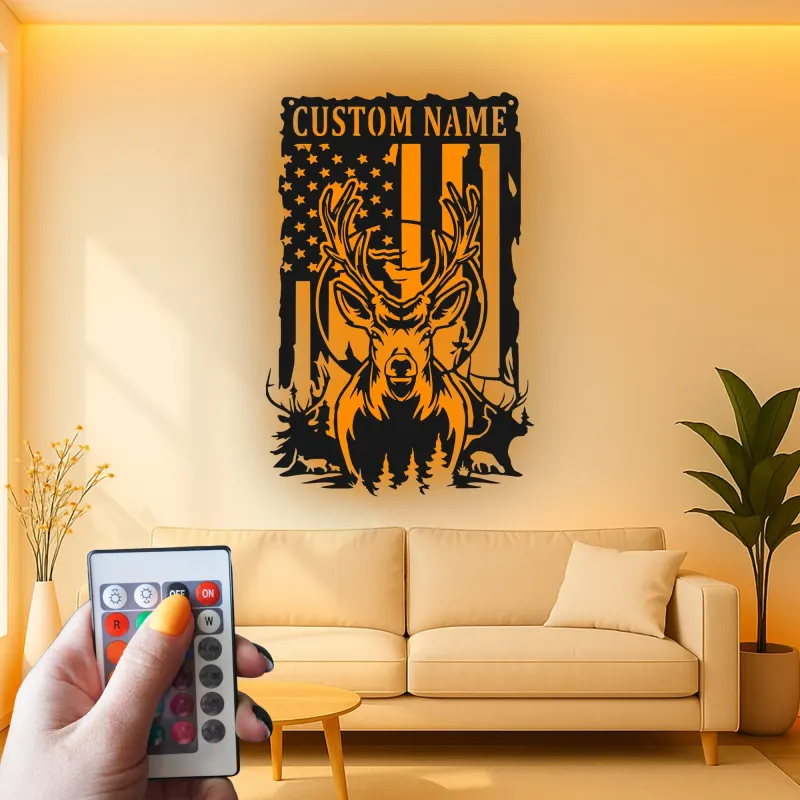 Cartel de metal personalizado con ciervo y bandera americana con luz LED, regalo para cazadores, decoración rústica para cabañas