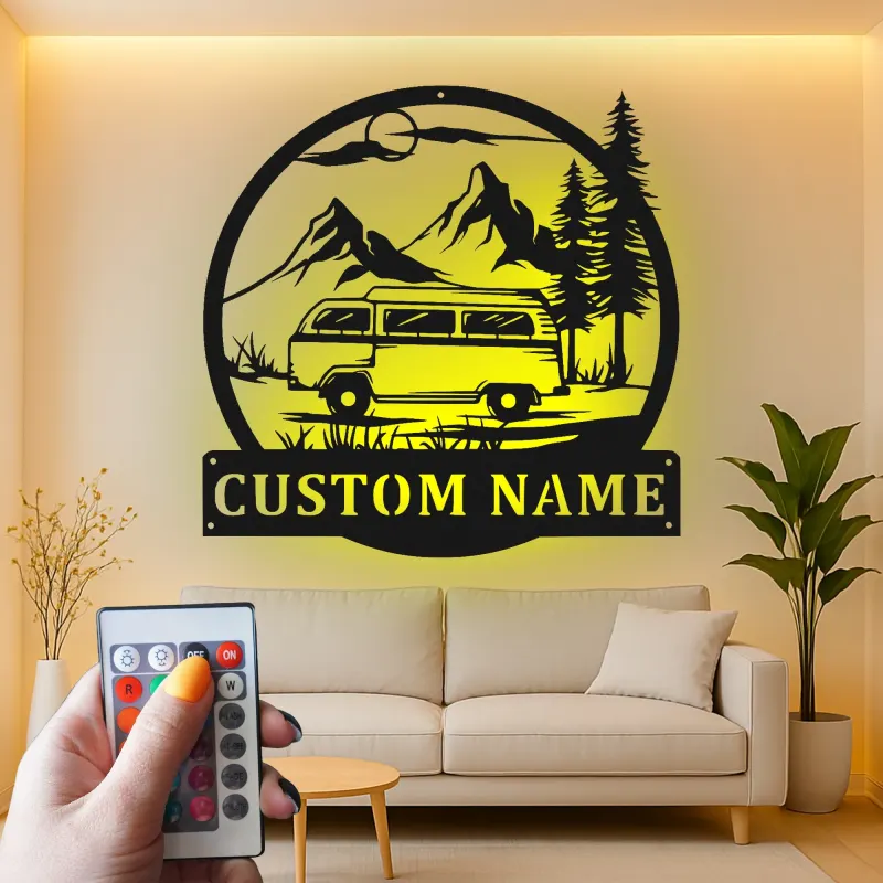 Cartel de metal LED con camper van personalizado, regalo para amantes de la aventura y decoración rústica