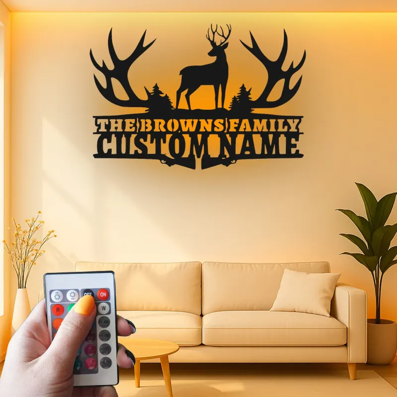 Insegna in metallo LED a forma di corna di cervo personalizzata - Regalo per nome di famiglia per decorazione rustica di cabin
