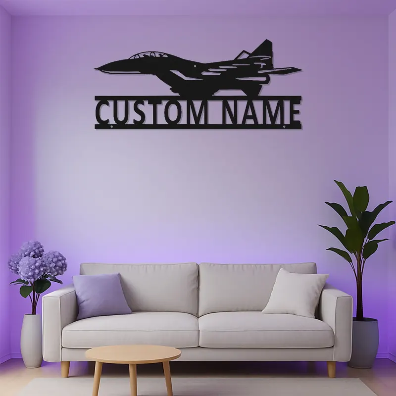 Arte in metallo LED a forma di jet da combattimento | Insegna con nome personalizzata per aerei | Decorazione aviazione personalizzata per piloti | Regalo per Man Cave militare