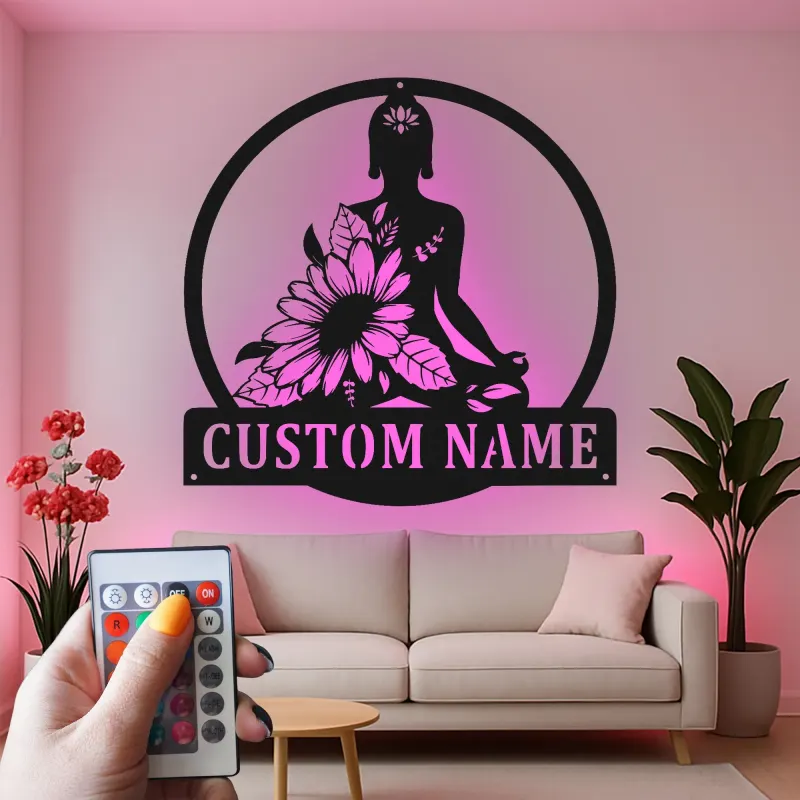Personalisierte LED-beleuchtete Buddha-Meditation mit Sonnenblume – Geschenk für Yoga-Liebhaber, Zen-Garten oder Meditationsraum-Dekor