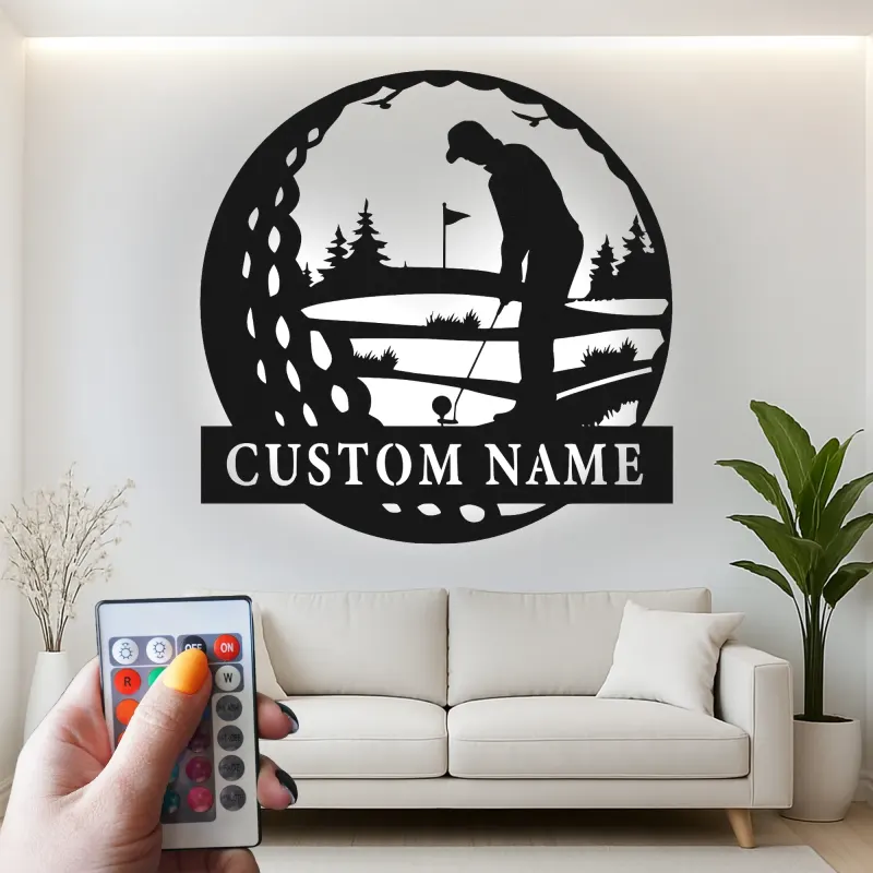 Enseigne LED personnalisée pour golfeur | Décoration murale en métal sur mesure | Cadeau pour amateur de golf | Décor man cave et bureau