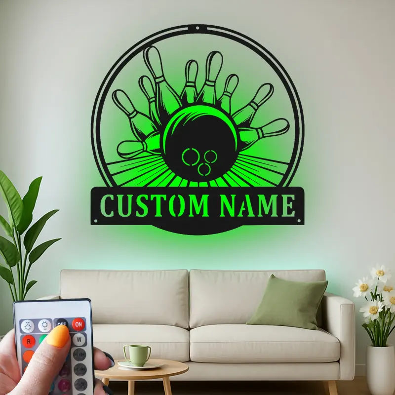 Insegna in metallo LED personalizzata con birilli e palla da bowling - Regalo per appassionati di bowling e decorazione per sala giochi