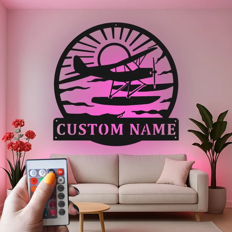 Insegna in metallo per idrovolante personalizzata | Arte murale LED personalizzata | Decorazione per piloti e casa al lago