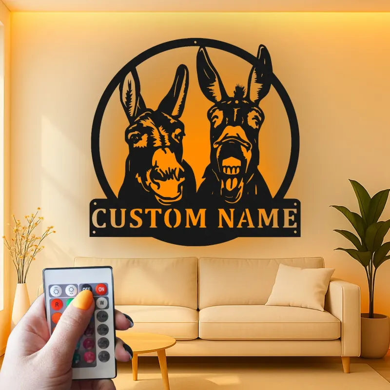 Cartel de metal LED personalizado de dúo de burros, regalo de granja, decoración para el granero o el salón