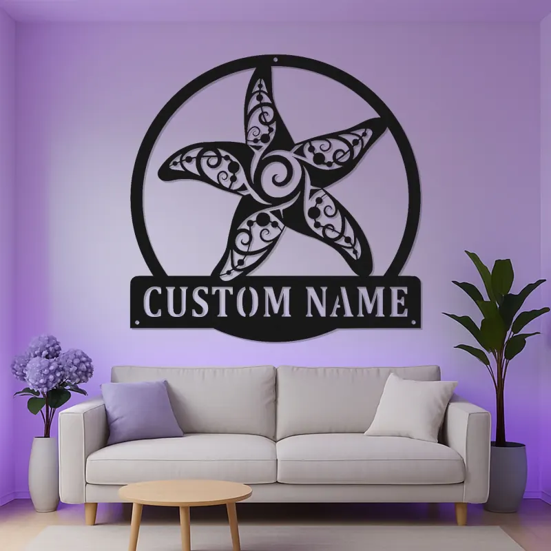 Personalized Starfish LED Metal Sign | Ornate Coastal Wall Art | Custom Nautical Decor for Beach House & Salon