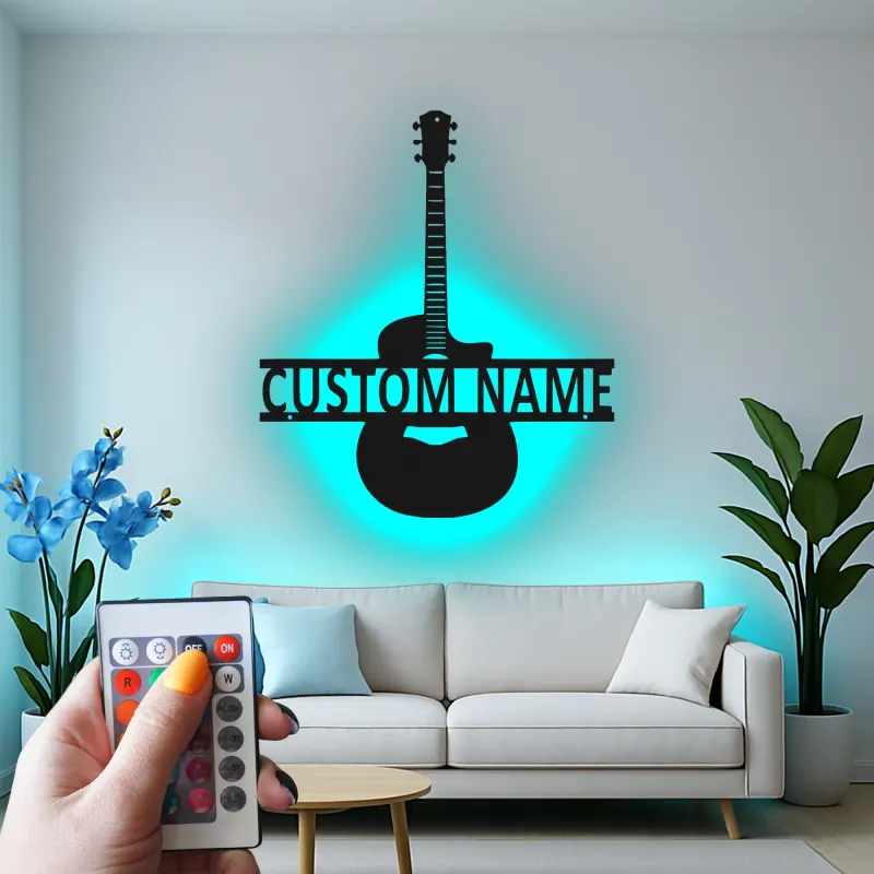 Insegna LED personalizzata a forma di chitarra | Arte murale con nome del musicista | Decorazione in metallo per studio musicale | Regalo per chitarristi