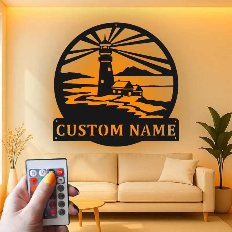 Cartel de metal LED personalizado de faro, regalo costero, decoración náutica para casa de playa 1