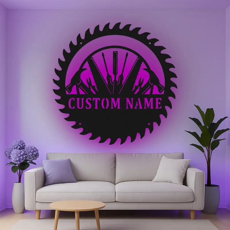 Décoration murale en métal personnalisée avec rétroéclairage LED en forme de lame de scie - Cadeau unique pour bricoleur, décoration de garage et d'atelier