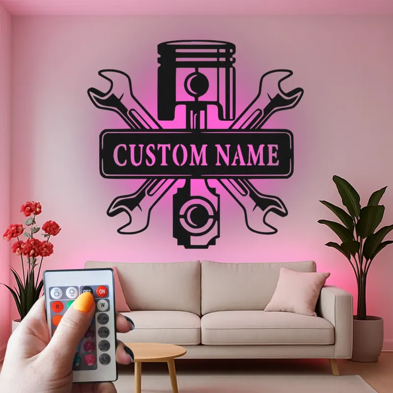 Personalized Mechanic Garage Sign | LED Metal Wall Art with Piston & Wrenches | Custom Automotive Decor for Car Enthusiasts