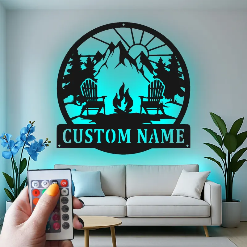 Cartel de metal LED personalizado de fogata de montaña regalo para amantes del aire libre decoración de cabaña o patio