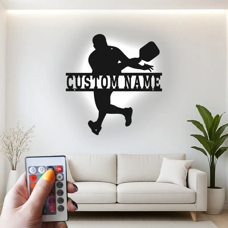 Pickleball Player LED Metal Art | Custom Name Sign | Sport Gift for Athlete | Game Room Decor