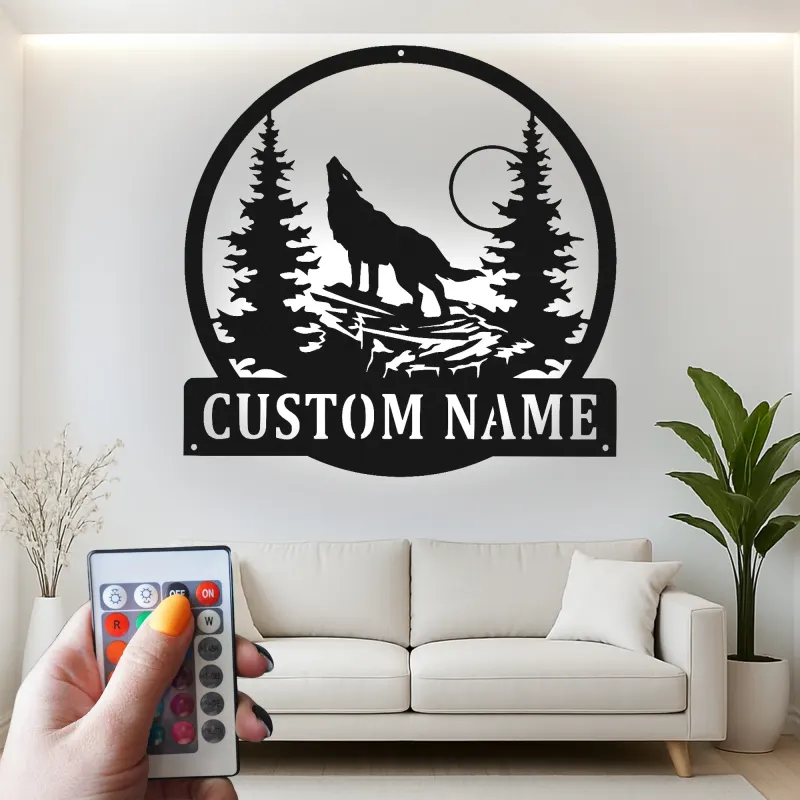 Custom Wolf Howling Led Light Metal Wall Art Personalized Nature Lover Gift Rustic Cabin Decor 2