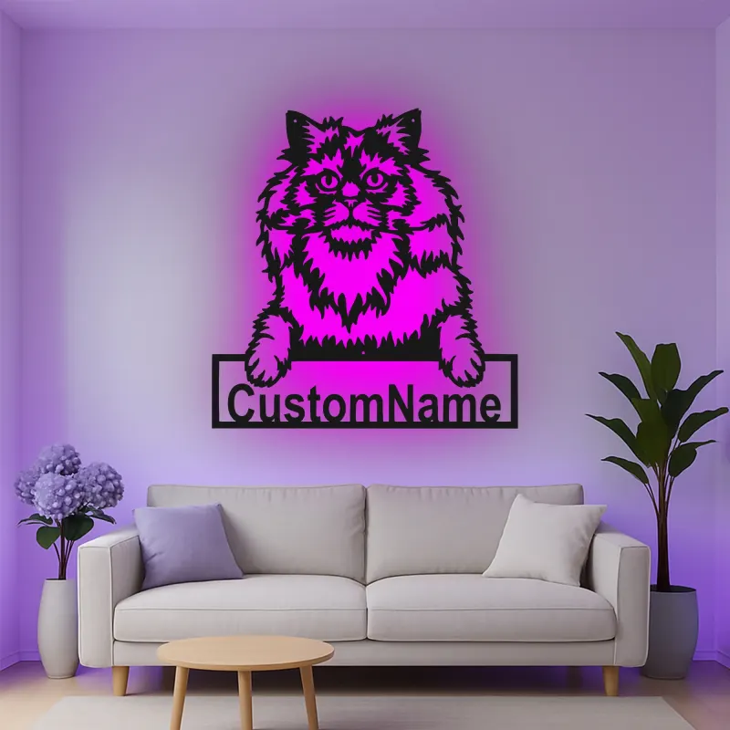 Cartel de metal LED de gato persa personalizado, regalo para amantes de mascotas, decoración para sala de estar