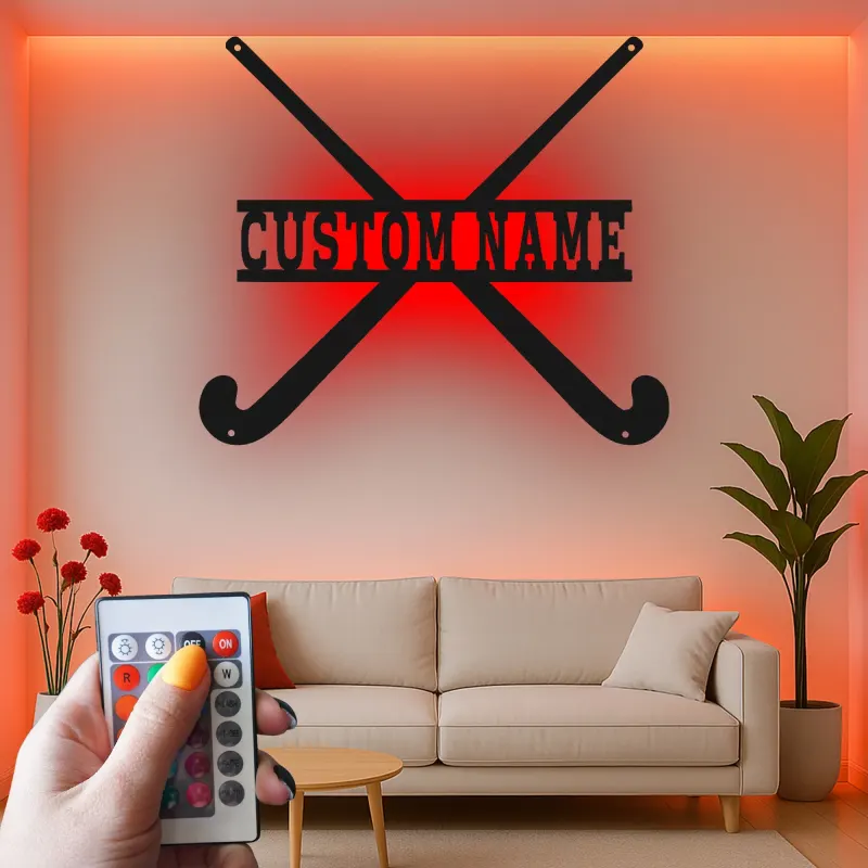 Enseigne hockey sur gazon personnalisée | Décoration murale LED en métal avec prénom | Cadeau pour athlète et déco de chambre ado